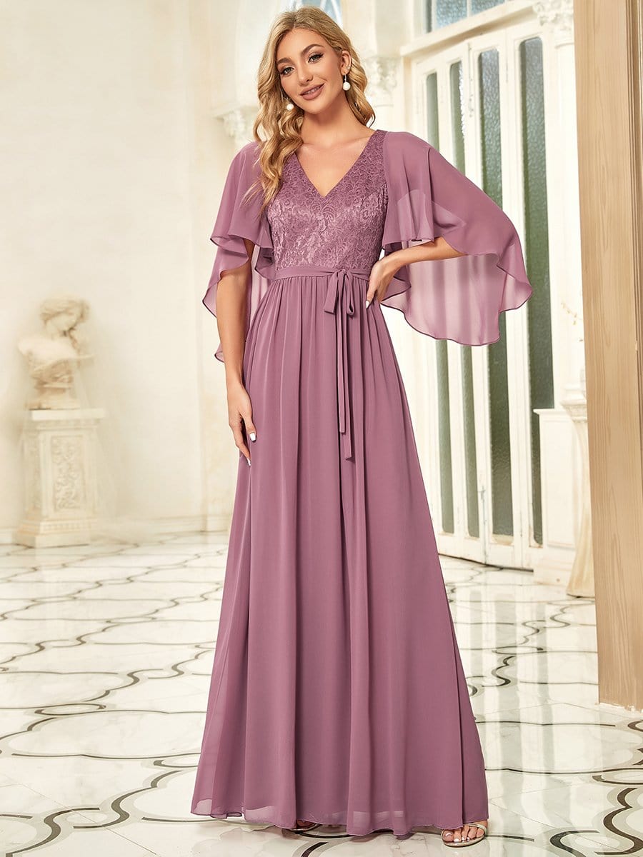 Elegant Maxi V Neck Chiffon Wedding Guest Dress with Sleeves