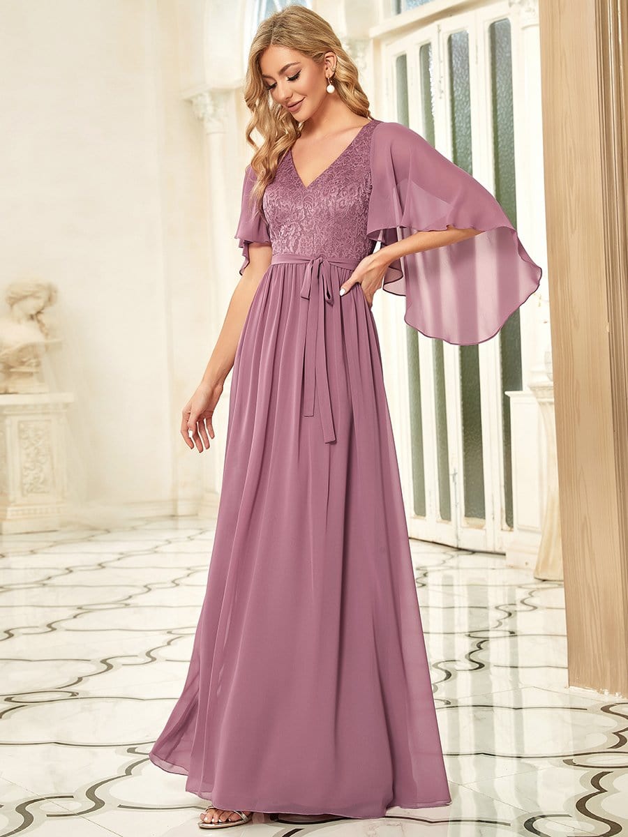 Elegant Maxi V Neck Chiffon Wedding Guest Dress with Sleeves