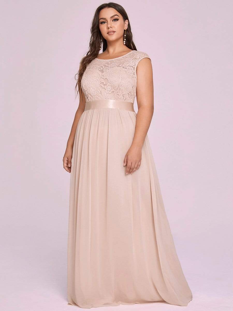 Plus Size Classic Round Neck V Back A-Line Chiffon Bridesmaid Dresses with Lace