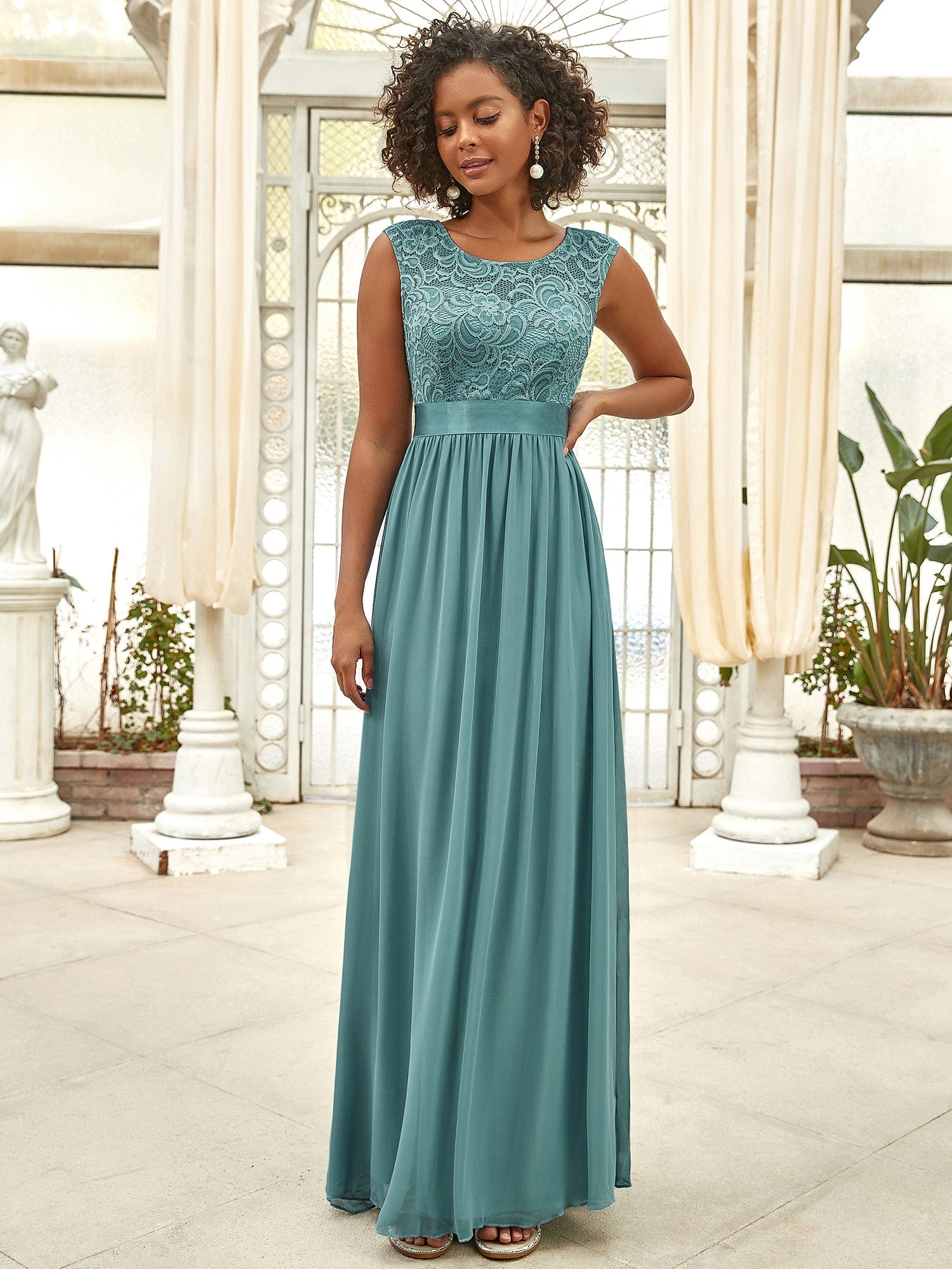 Custom Size Classic Round Neck V Back Lace Bodice Bridesmaid Dress