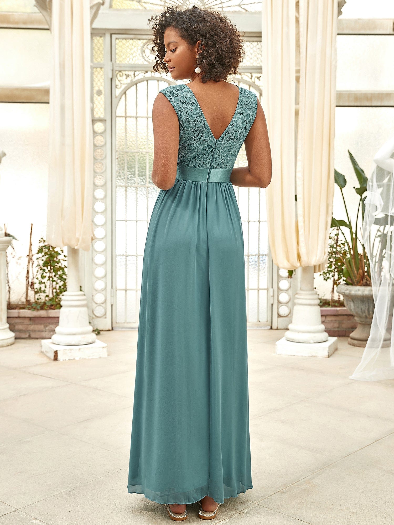 Custom Size Classic Round Neck V Back Lace Bodice Bridesmaid Dress