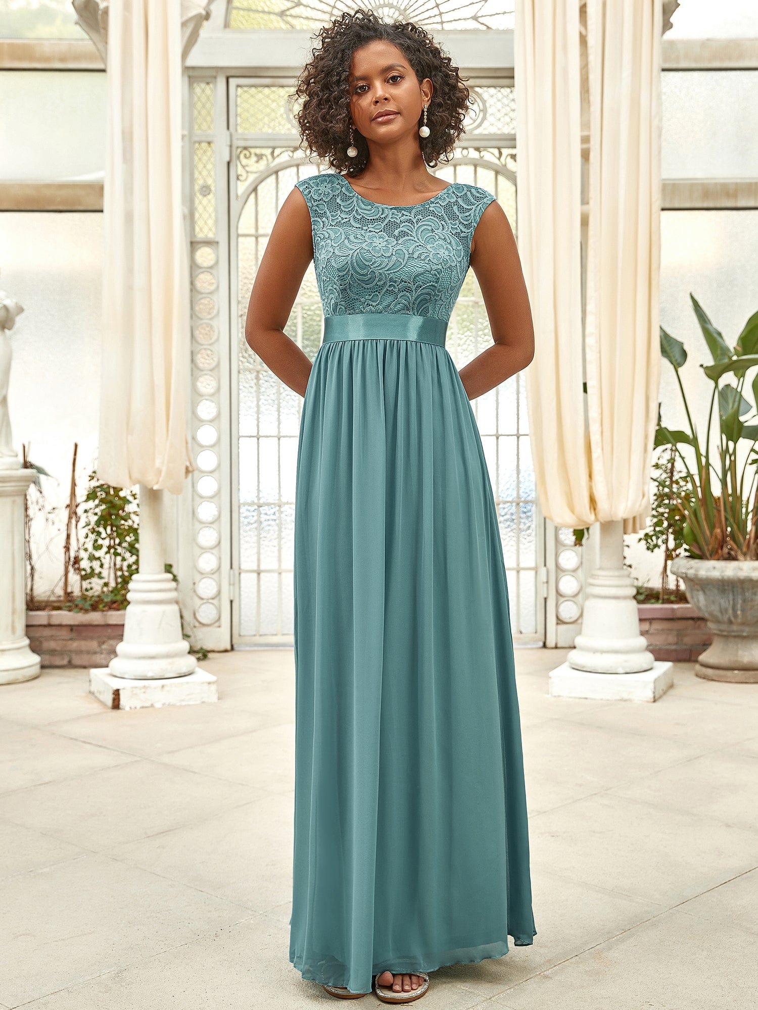 Custom Size Classic Round Neck V Back Lace Bodice Bridesmaid Dress