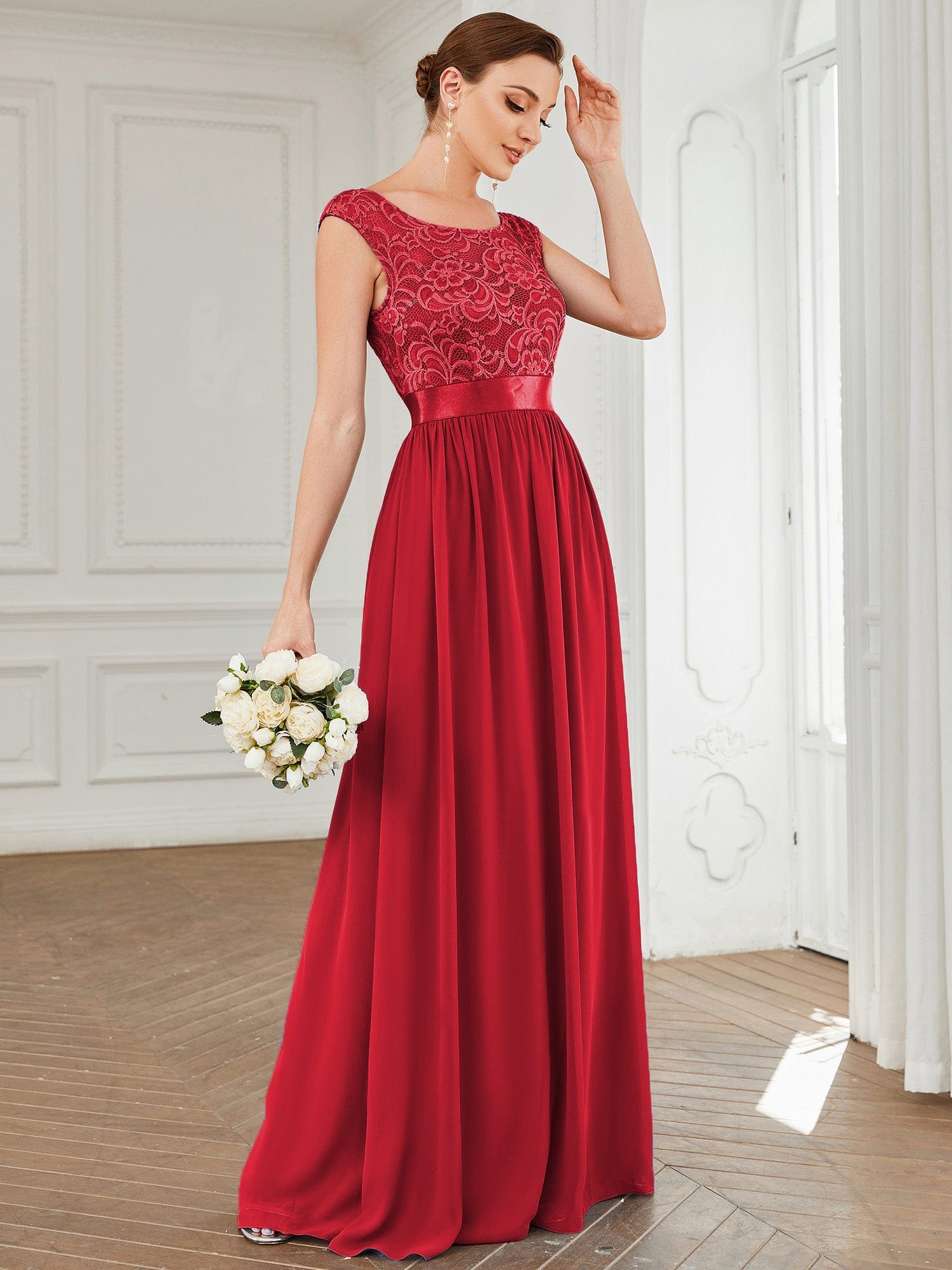 Custom Size Classic Round Neck V Back Lace Bodice Bridesmaid Dress