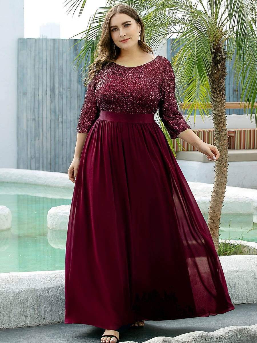 Elegant Round Neckline 3/4 Sleeve Sequins Patchwork Evening Dress