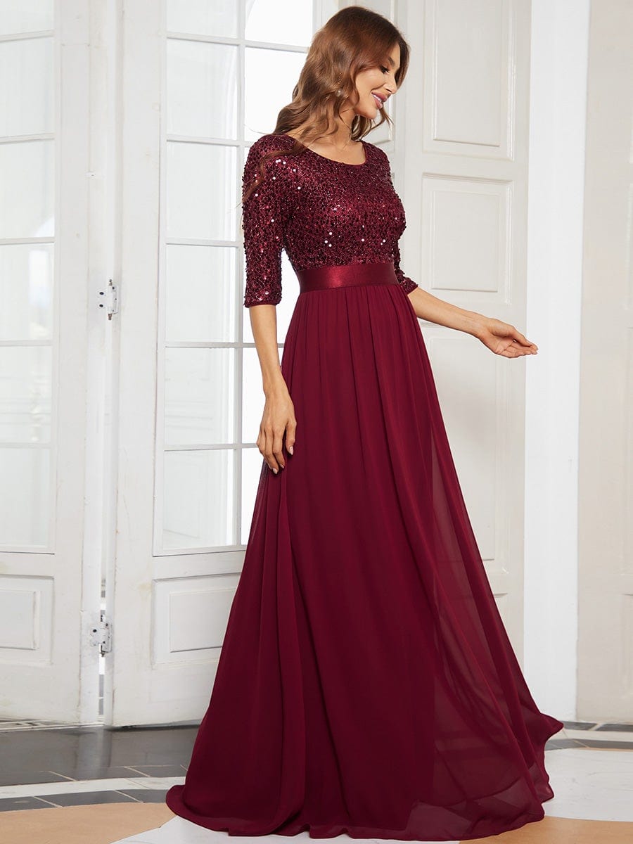 Custom Size Elegant Round Neckline 3/4 Sleeve Sequins Patchwork Evening Dress