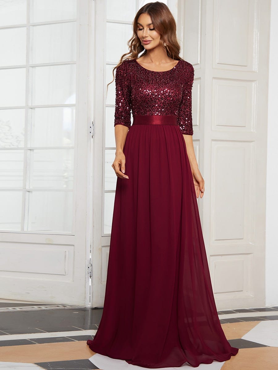 Elegant Round Neckline 3/4 Sleeve Sequins Patchwork Evening Dress