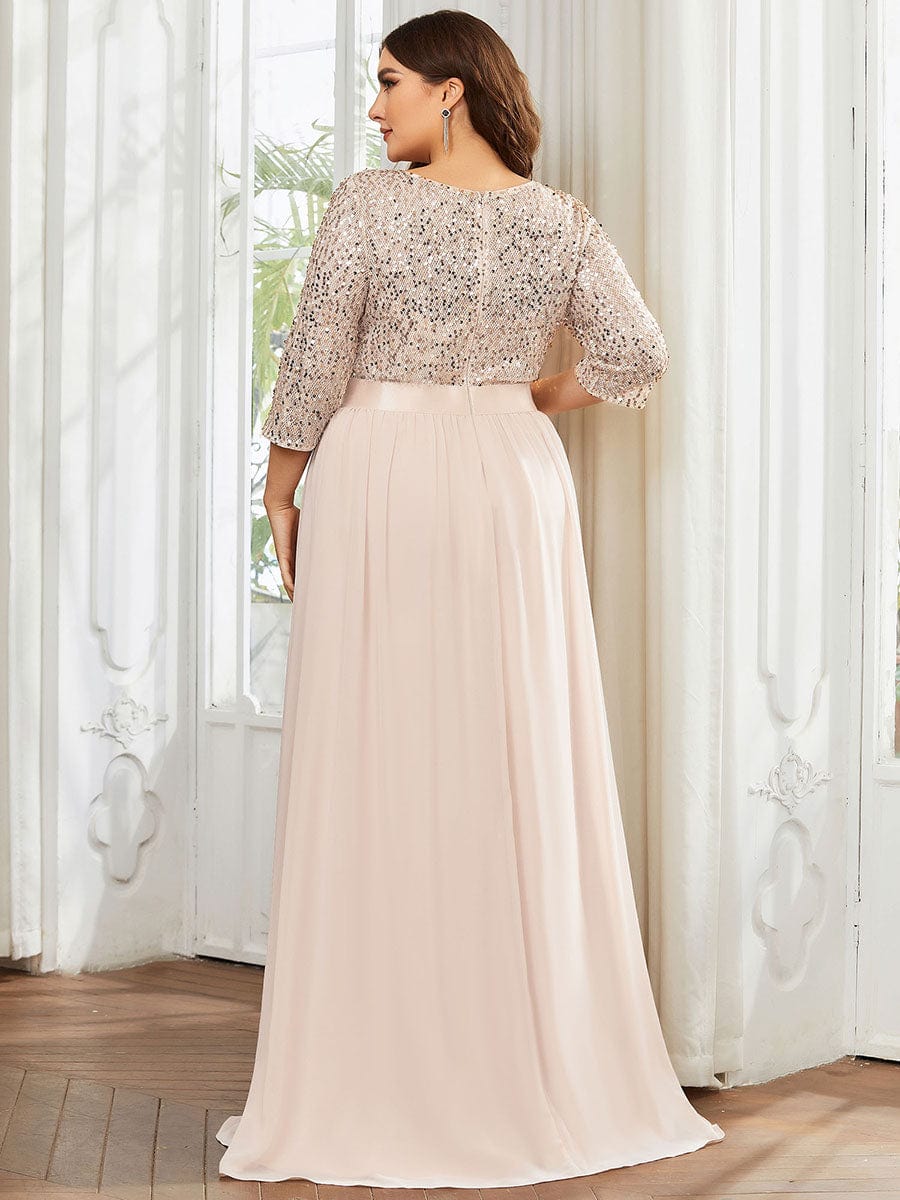 Elegant Round Neckline 3/4 Sleeve Sequins Patchwork Evening Dress