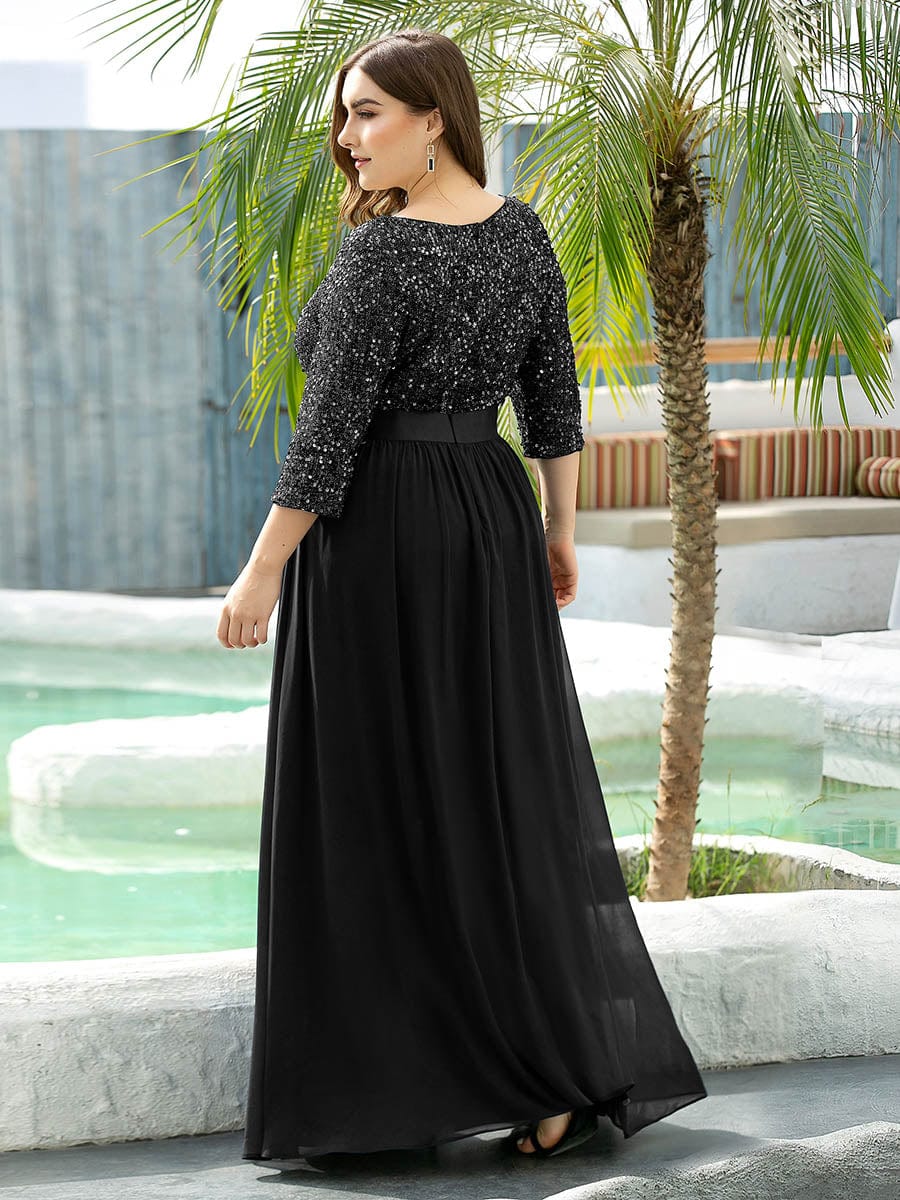 Elegant Round Neckline 3/4 Sleeve Sequins Patchwork Evening Dress