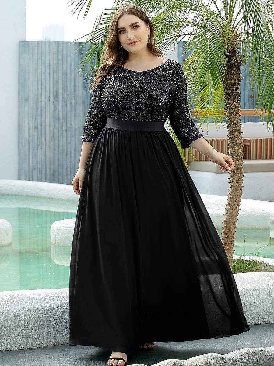 Custom Size Elegant Round Neckline 3/4 Sleeve Sequins Patchwork Evening Dress