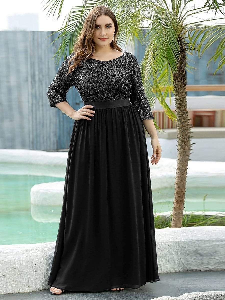 Elegant Round Neckline 3/4 Sleeve Sequins Patchwork Evening Dress