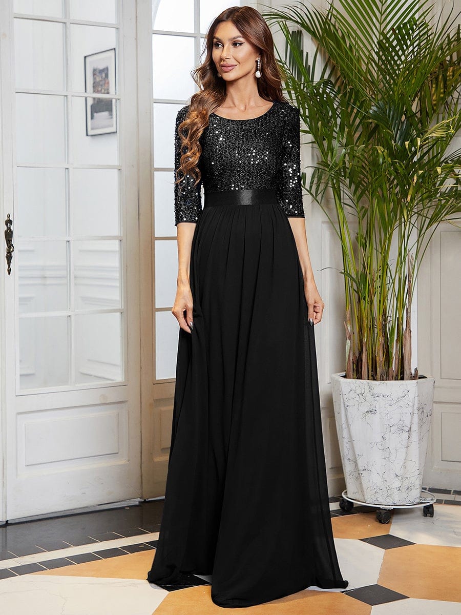 Custom Size Elegant Round Neckline 3/4 Sleeve Sequins Patchwork Evening Dress