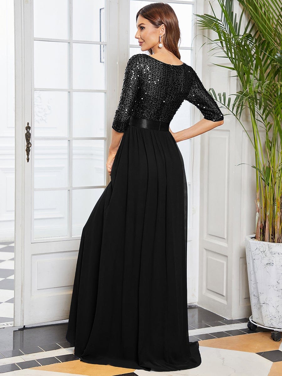 Elegant Round Neckline 3/4 Sleeve Sequins Patchwork Evening Dress