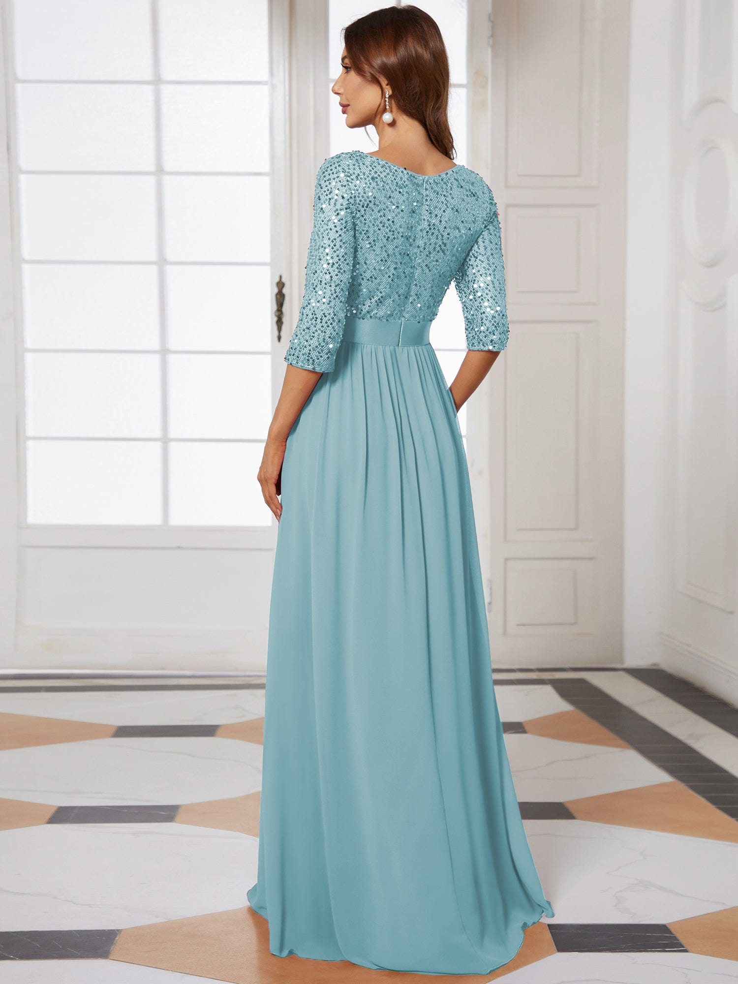 Custom Size Elegant Round Neckline 3/4 Sleeve Sequins Patchwork Evening Dress