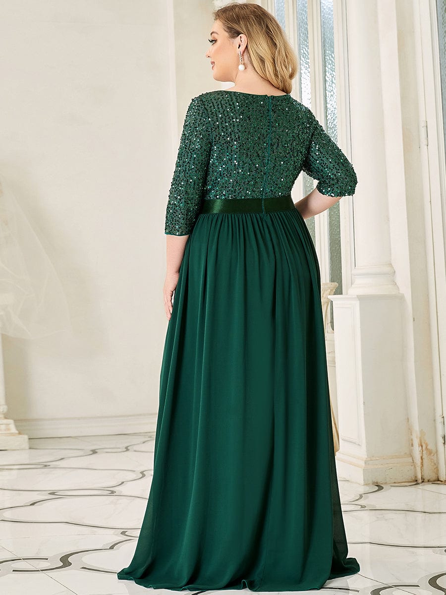 Elegant Round Neckline 3/4 Sleeve Sequins Patchwork Evening Dress