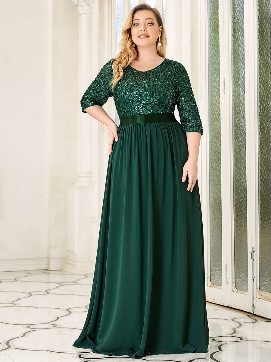 Custom Size Elegant Round Neckline 3/4 Sleeve Sequins Patchwork Evening Dress