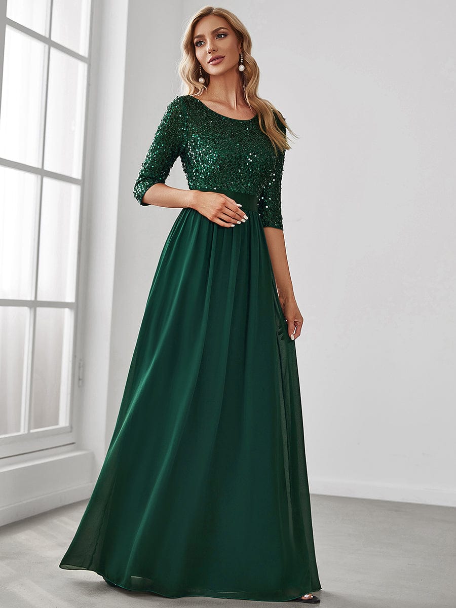 Custom Size Elegant Round Neckline 3/4 Sleeve Sequins Patchwork Evening Dress