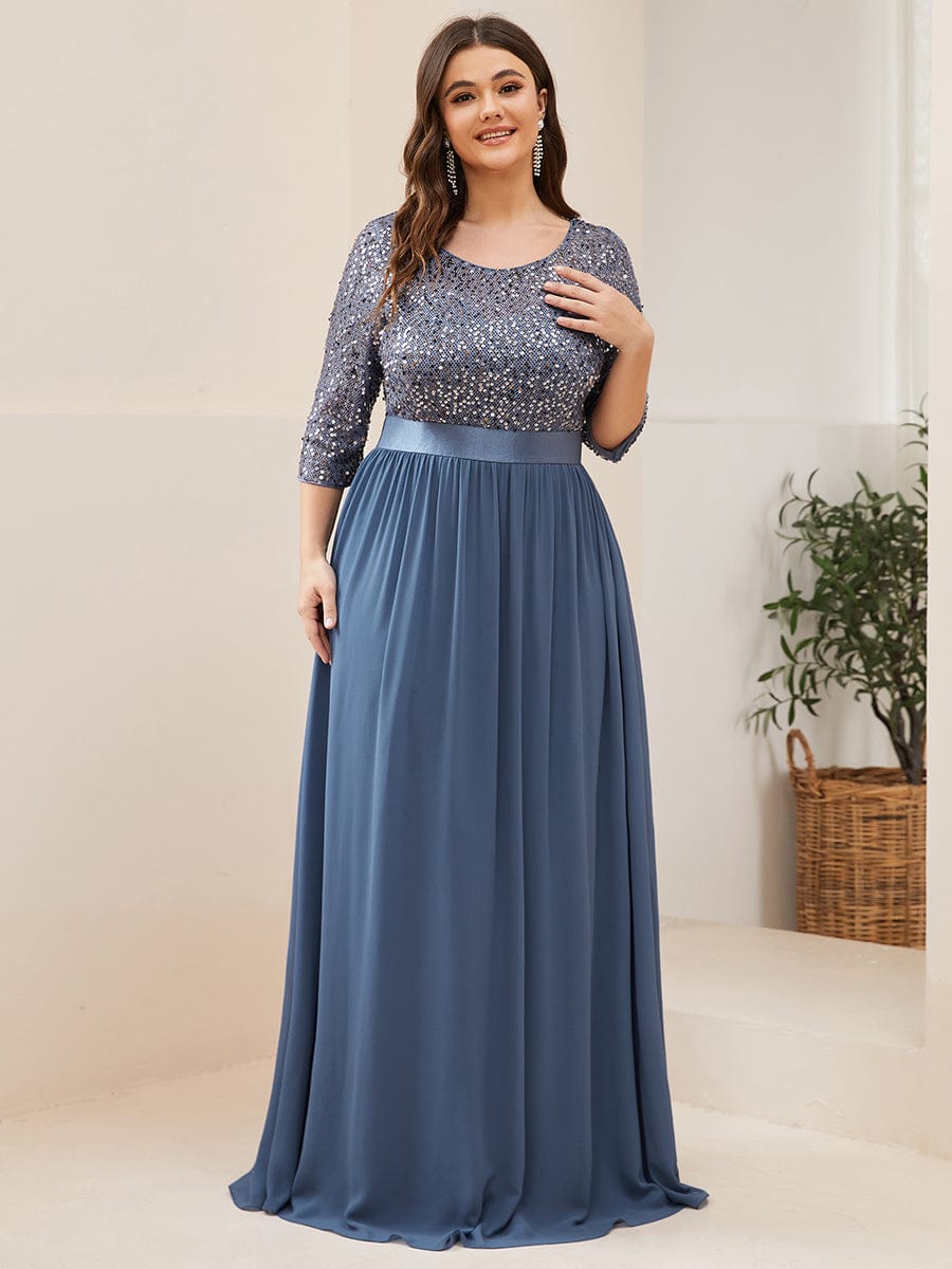 Elegant Round Neckline 3/4 Sleeve Sequins Patchwork Evening Dress