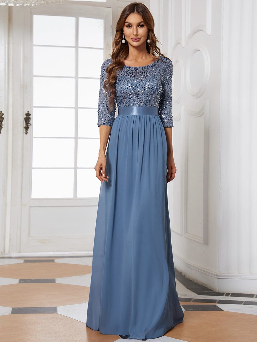 Elegant Round Neckline 3/4 Sleeve Sequins Patchwork Evening Dress