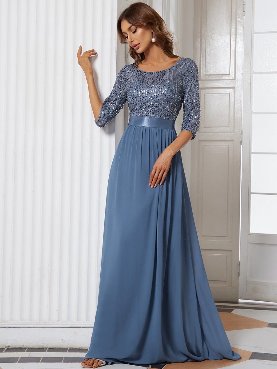 Custom Size Elegant Round Neckline 3/4 Sleeve Sequins Patchwork Evening Dress