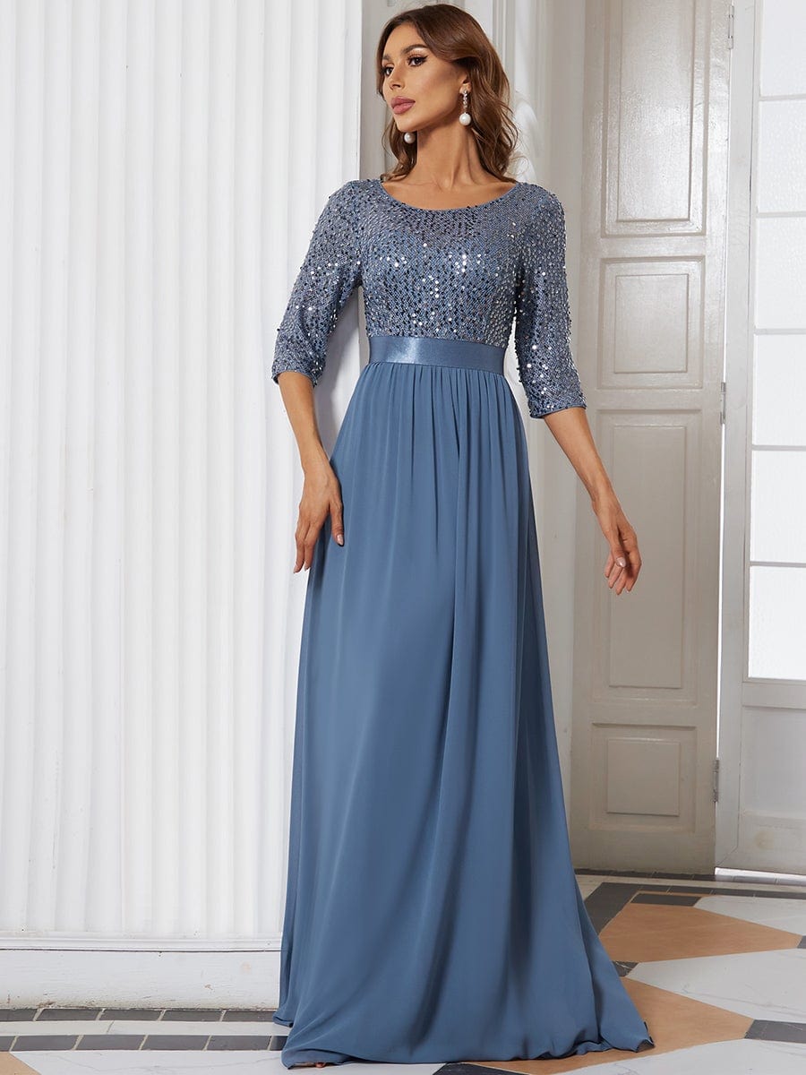 Custom Size Elegant Round Neckline 3/4 Sleeve Sequins Patchwork Evening Dress