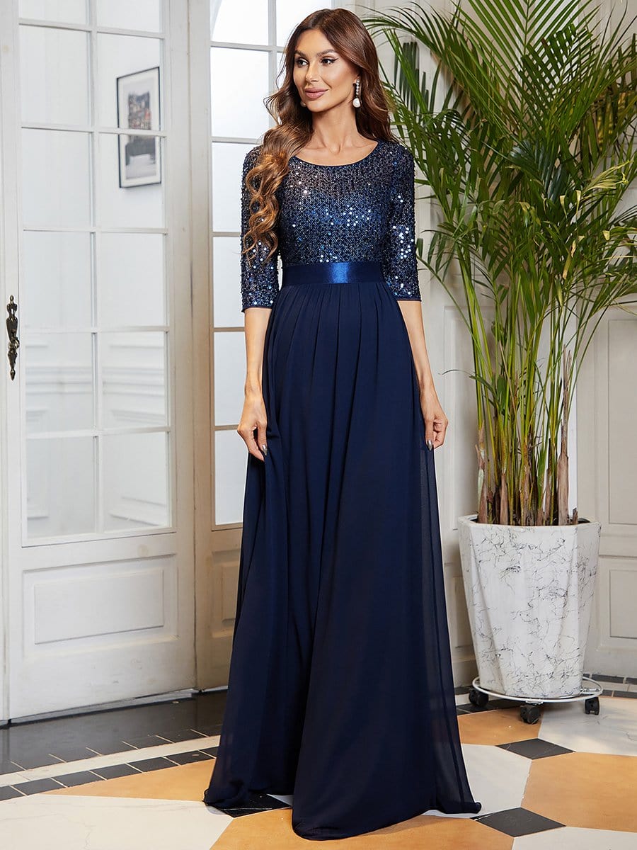 Custom Size Elegant Round Neckline 3/4 Sleeve Sequins Patchwork Evening Dress