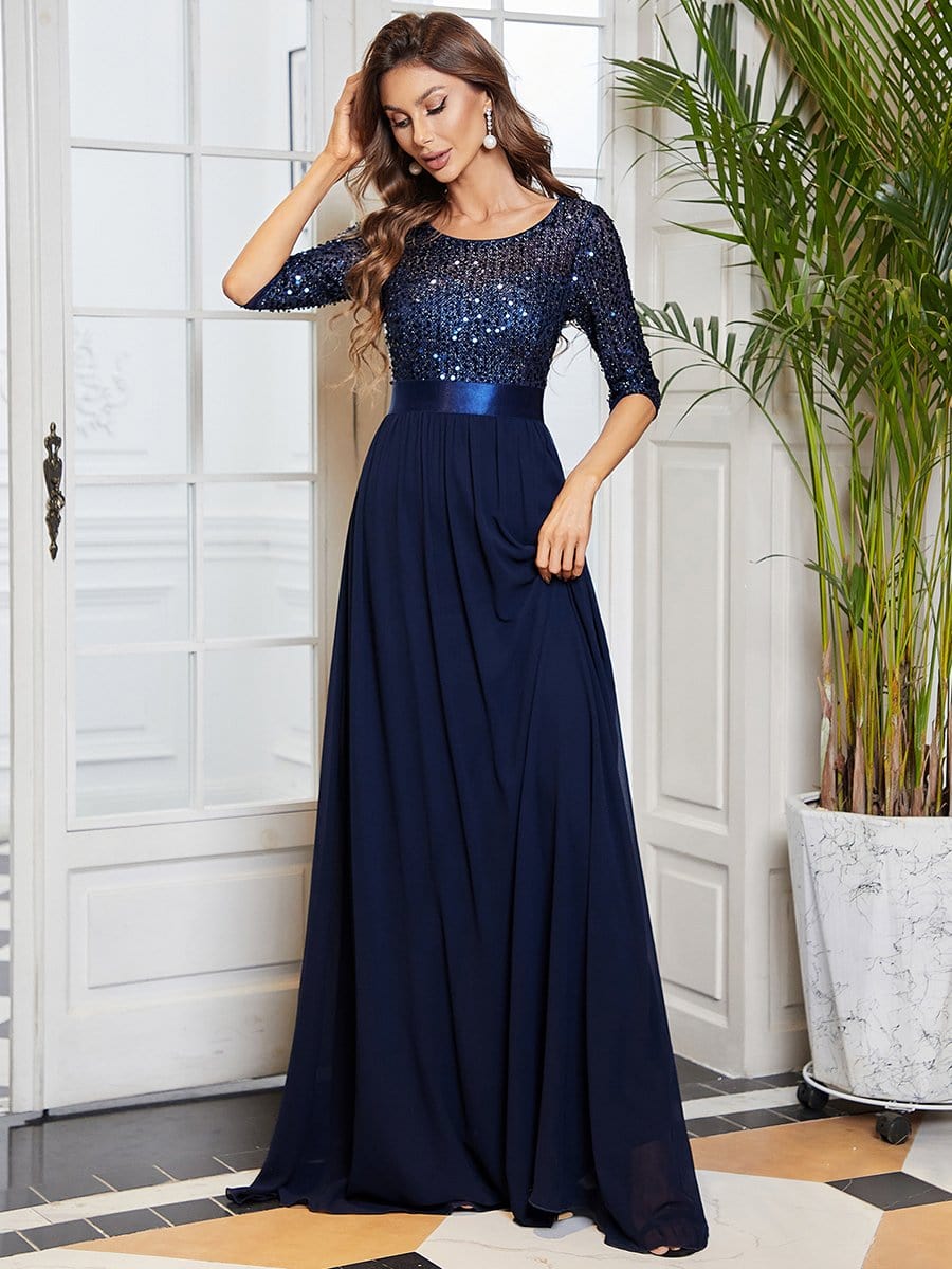 Elegant Round Neckline 3/4 Sleeve Sequins Patchwork Evening Dress