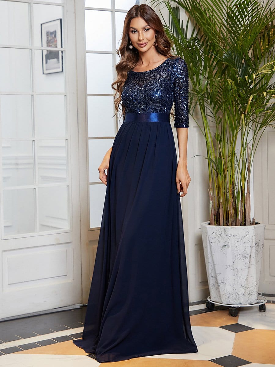 Elegant Round Neckline 3/4 Sleeve Sequins Patchwork Evening Dress