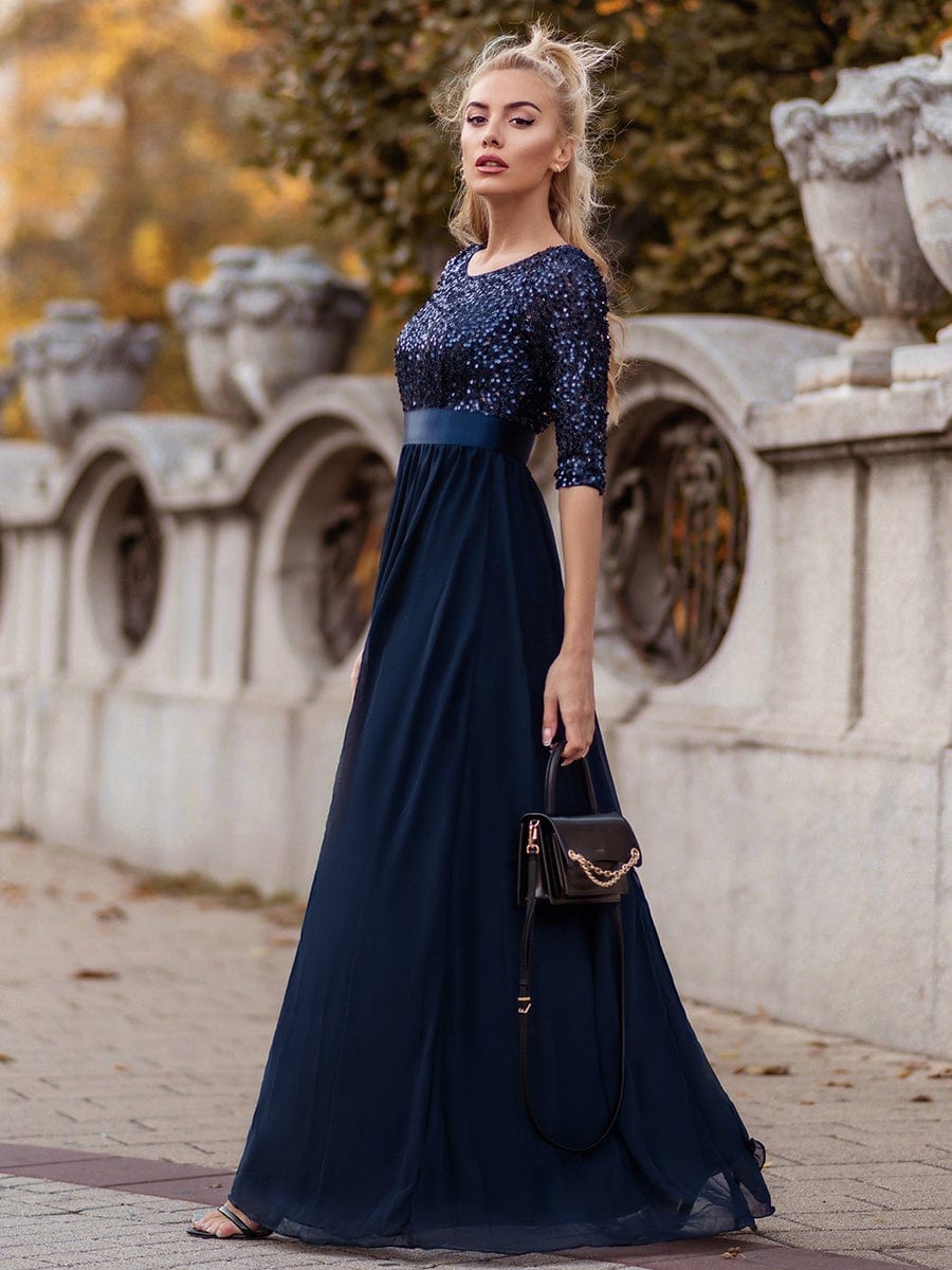 Custom Size Elegant Round Neckline 3/4 Sleeve Sequins Patchwork Evening Dress