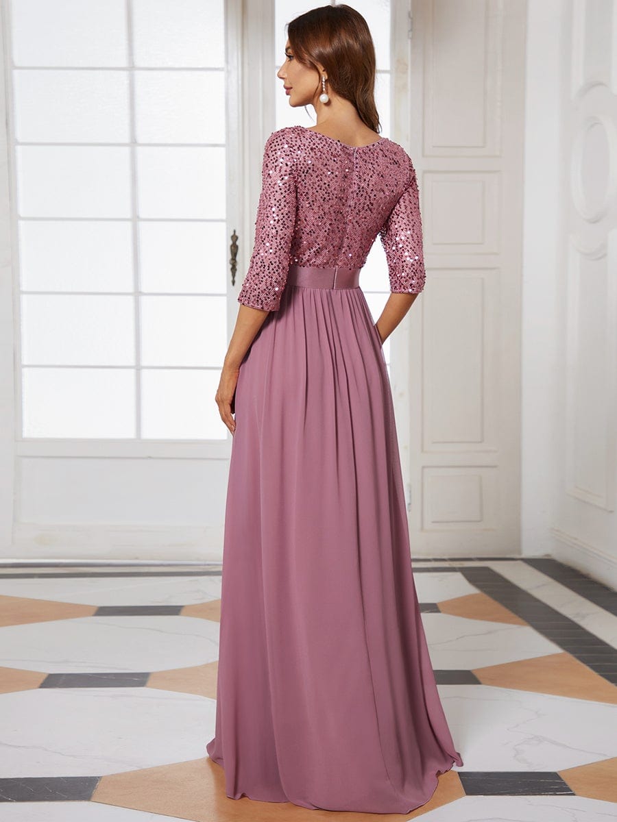 Elegant Round Neckline 3/4 Sleeve Sequins Patchwork Evening Dress