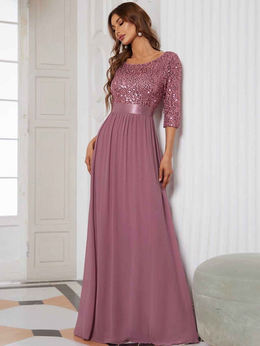 Elegant Round Neckline 3/4 Sleeve Sequins Patchwork Evening Dress