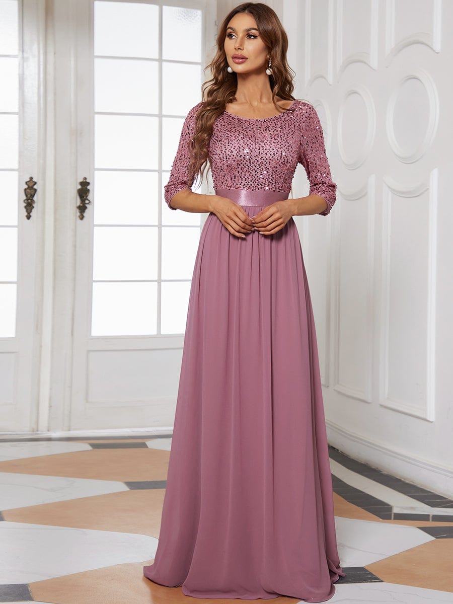 Custom Size Elegant Round Neckline 3/4 Sleeve Sequins Patchwork Evening Dress