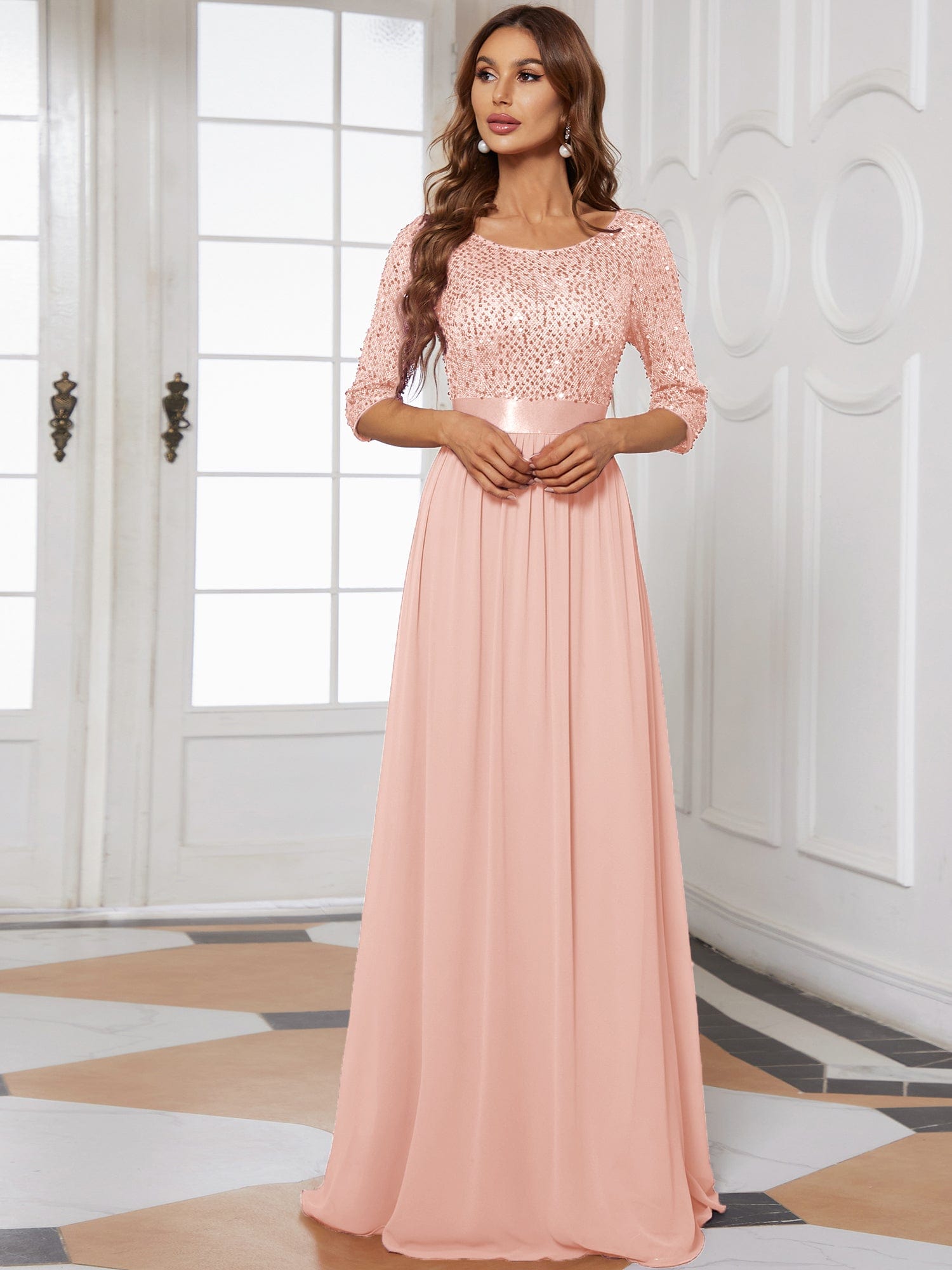 Custom Size Elegant Round Neckline 3/4 Sleeve Sequins Patchwork Evening Dress