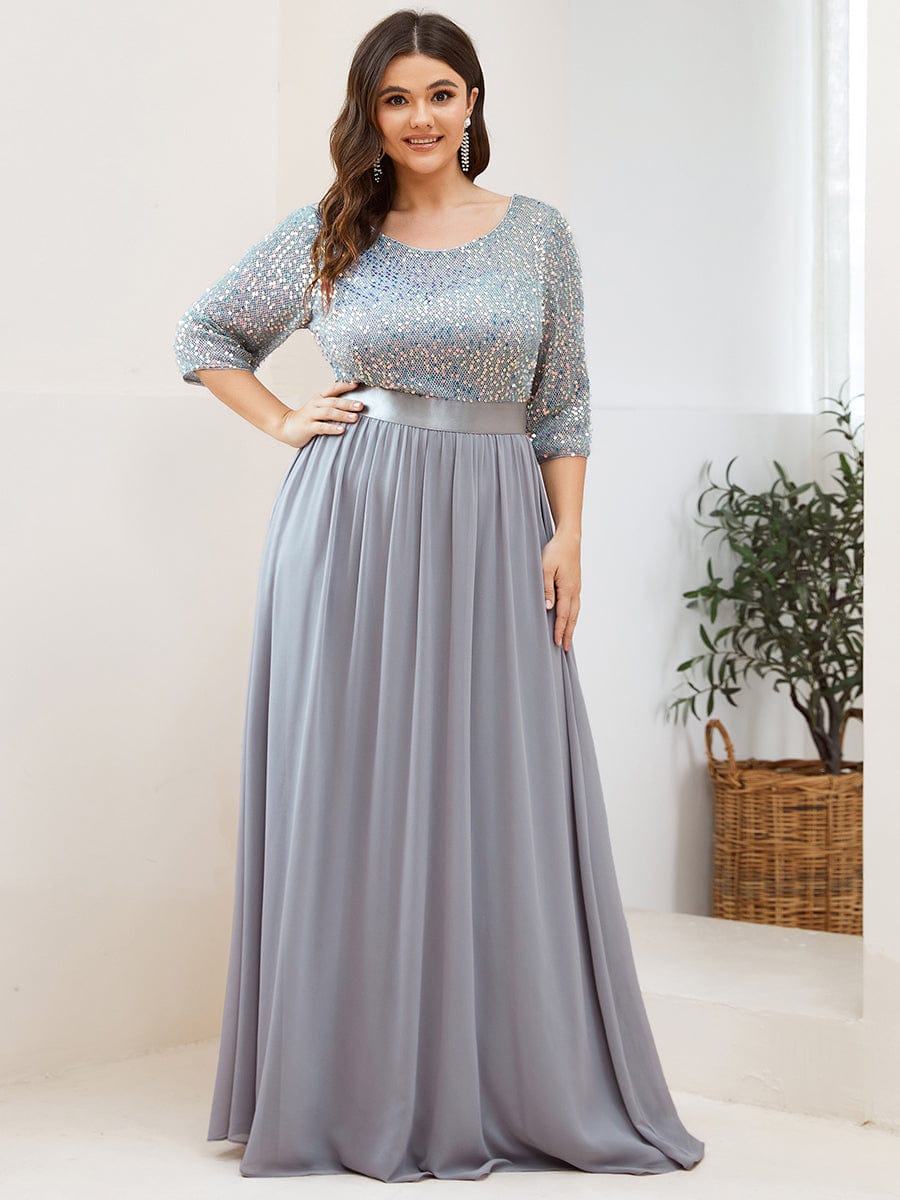 Elegant Round Neckline 3/4 Sleeve Sequins Patchwork Evening Dress