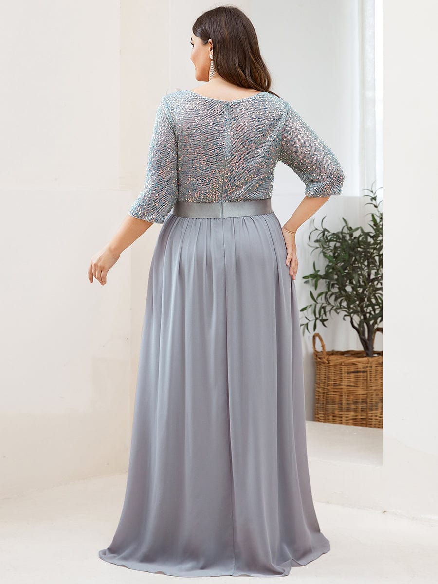 Elegant Round Neckline 3/4 Sleeve Sequins Patchwork Evening Dress