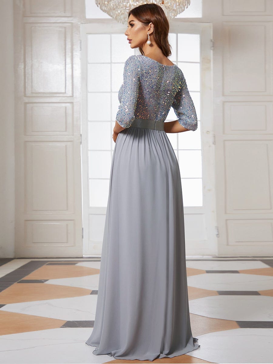 Elegant Round Neckline 3/4 Sleeve Sequins Patchwork Evening Dress