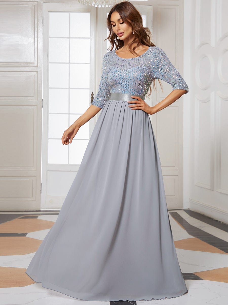 Custom Size Elegant Round Neckline 3/4 Sleeve Sequins Patchwork Evening Dress