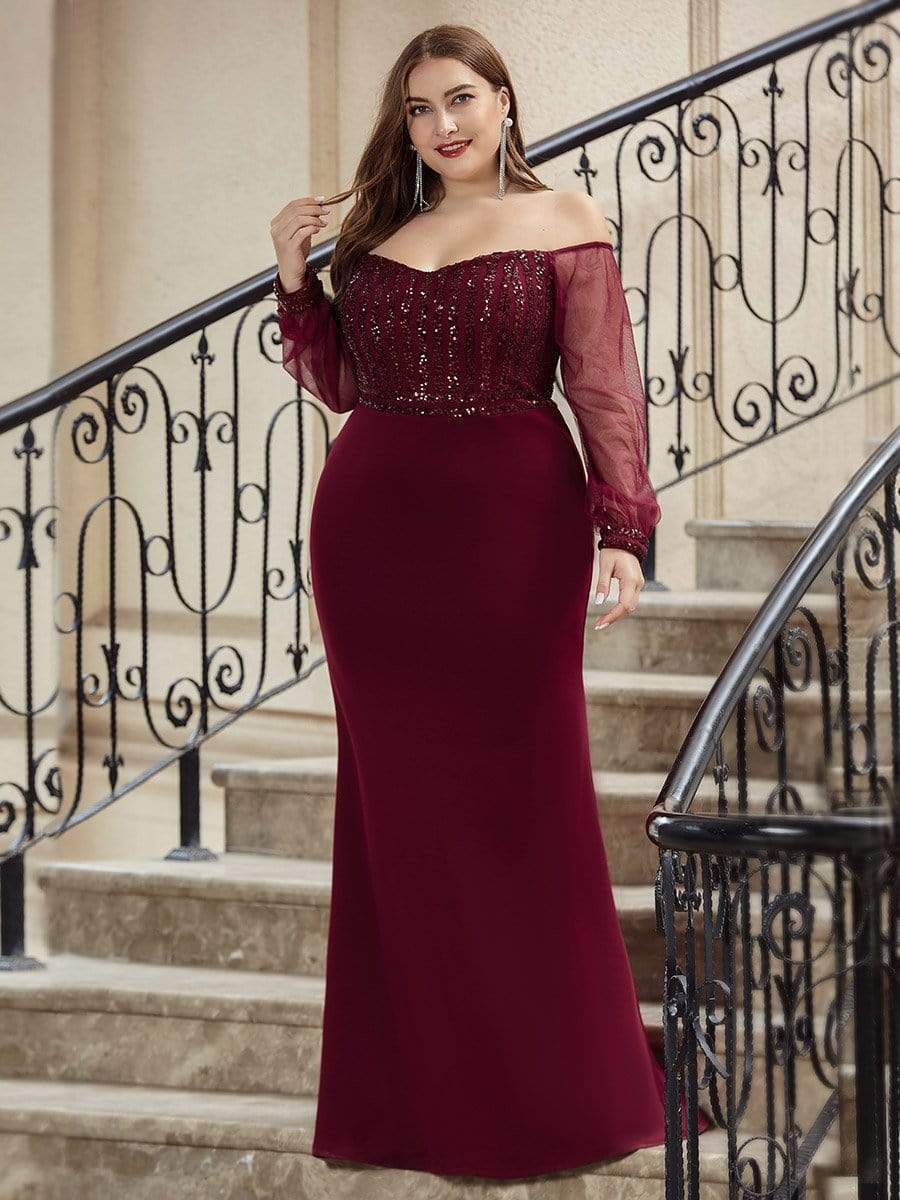 Off the Shoulder Plus Size Sequin Evening Gowns With Tulle Sleeve