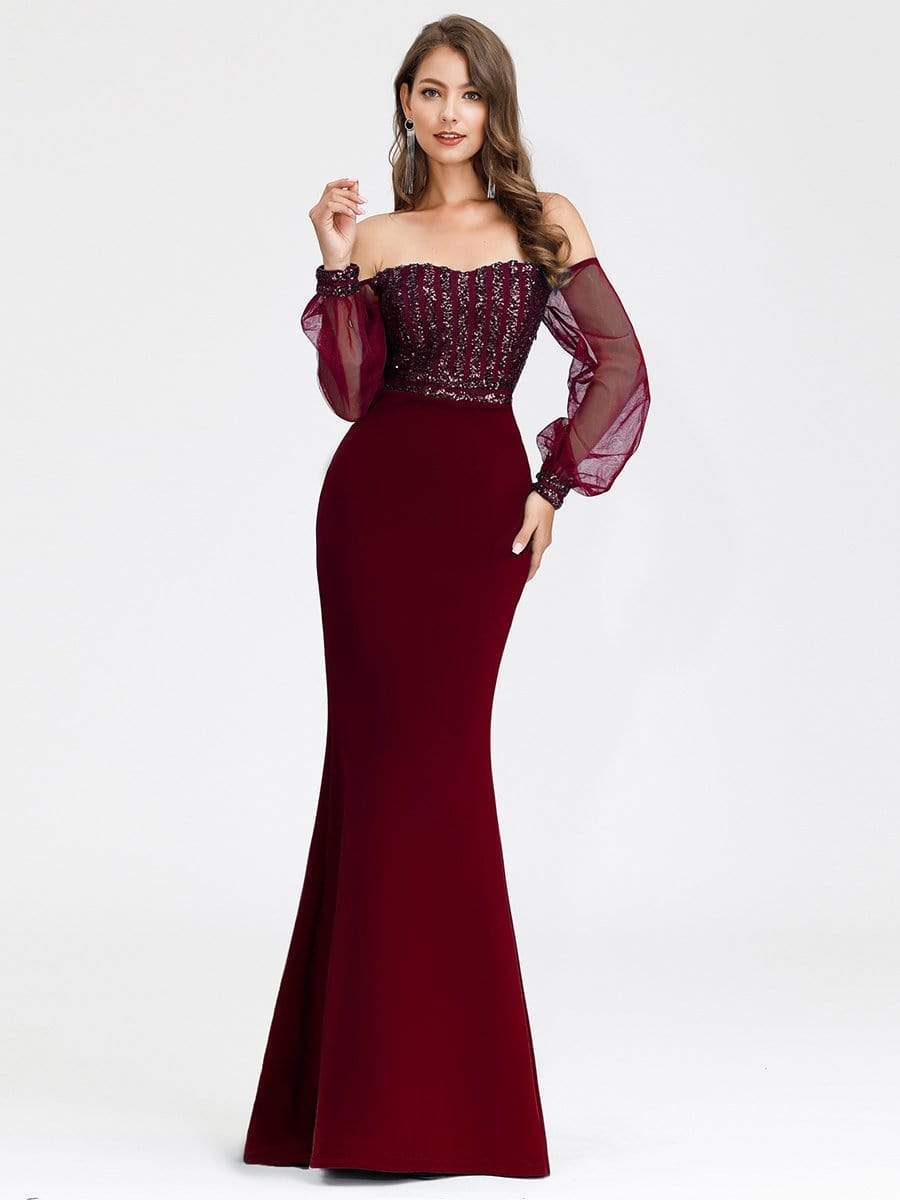 Fashion Off the Shoulder Sequin Evening Gowns With Tulle Sleeve