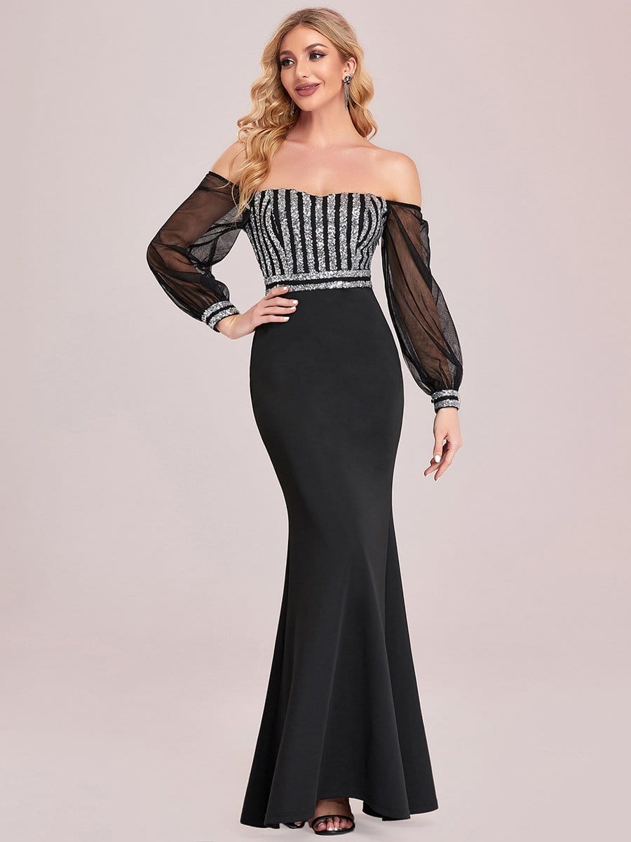 Fashion Off the Shoulder Sequin Evening Gowns With Tulle Sleeve