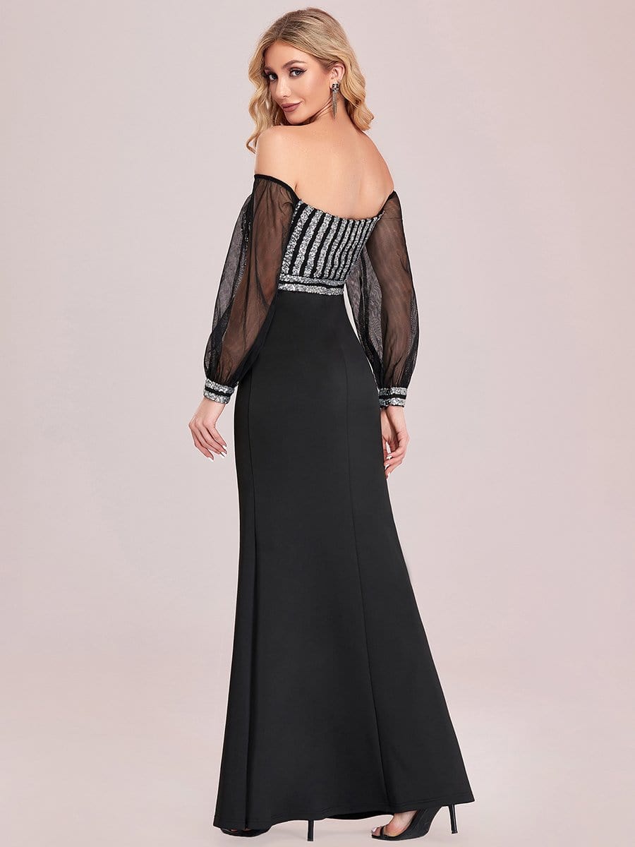 Fashion Off the Shoulder Sequin Evening Gowns With Tulle Sleeve