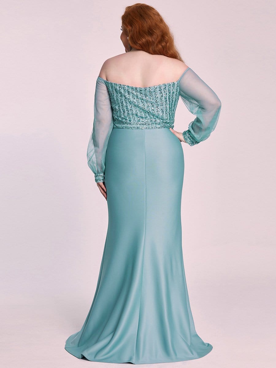 Off the Shoulder Plus Size Sequin Evening Gowns With Tulle Sleeve