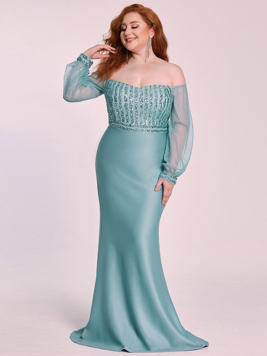 Off the Shoulder Plus Size Sequin Evening Gowns With Tulle Sleeve