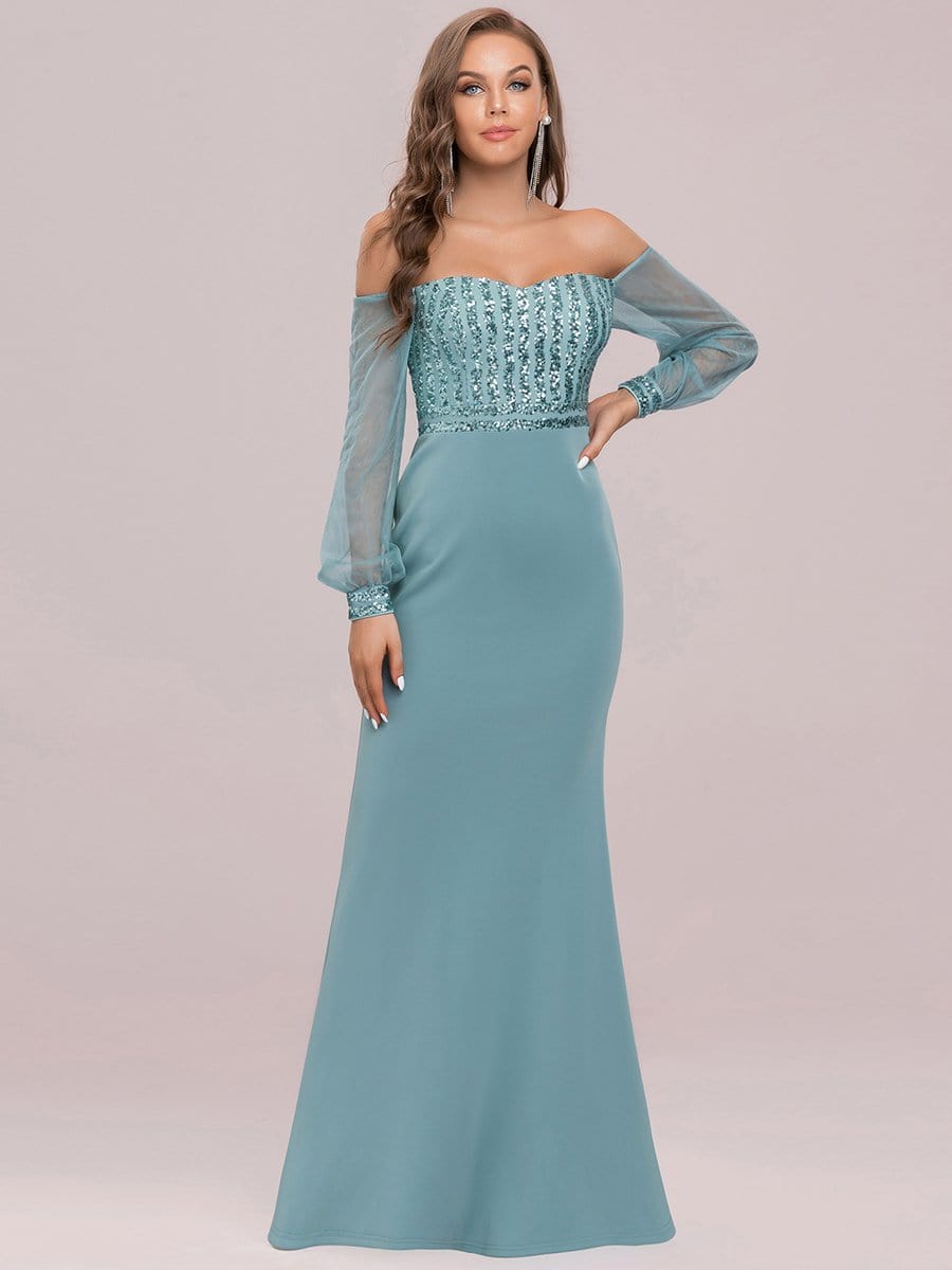 Fashion Off the Shoulder Sequin Evening Gowns With Tulle Sleeve