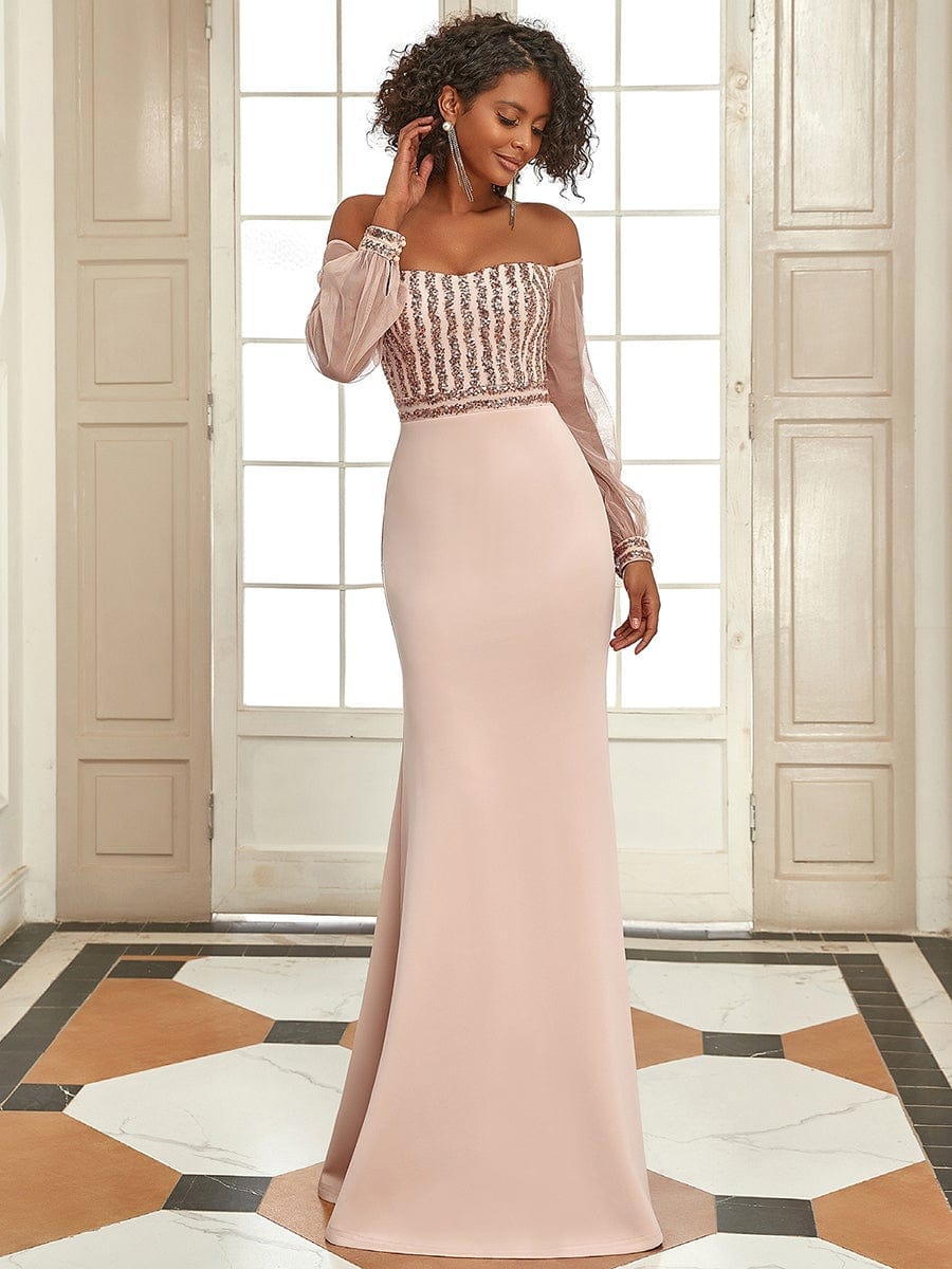 Fashion Off the Shoulder Sequin Evening Gowns With Tulle Sleeve