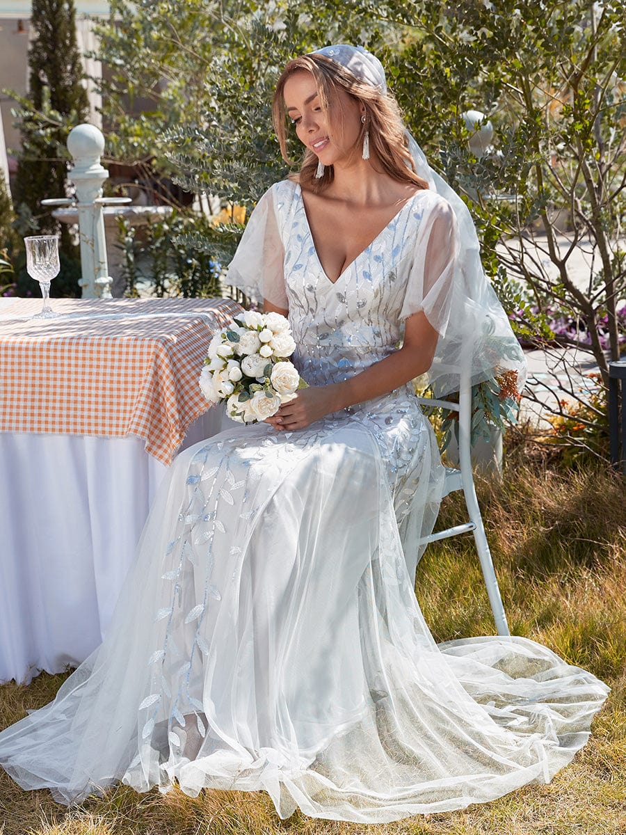 Stunning V Neck Long Wedding Guest Dress with Ruffle Sleeves