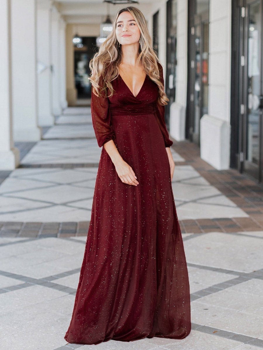 Women's Sexy V-Neck Shiny Evening Dresses with Long Sleeve