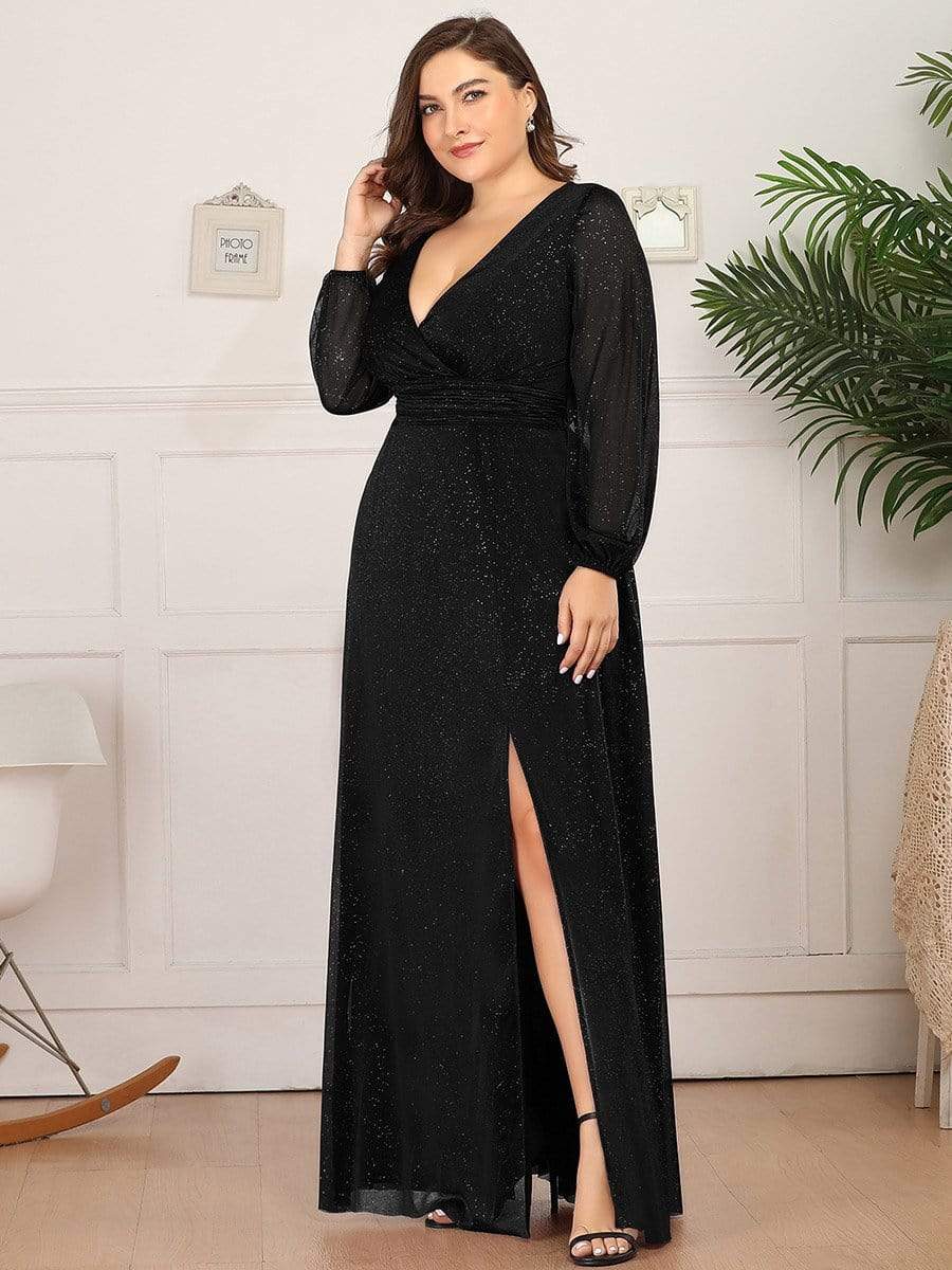 Women's Sexy V-Neck Shiny Evening Dresses with Long Sleeve