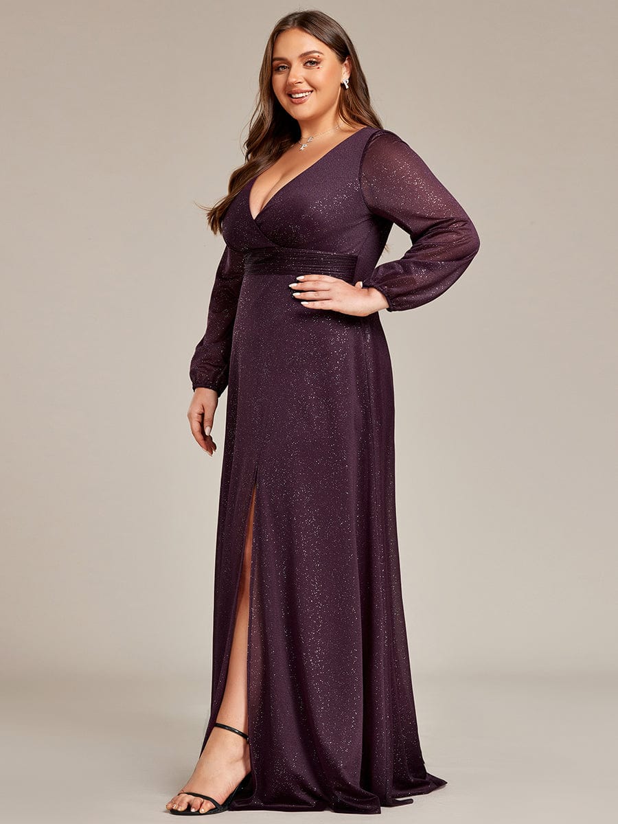 Women's Sexy V-Neck Shiny Evening Dresses with Long Sleeve