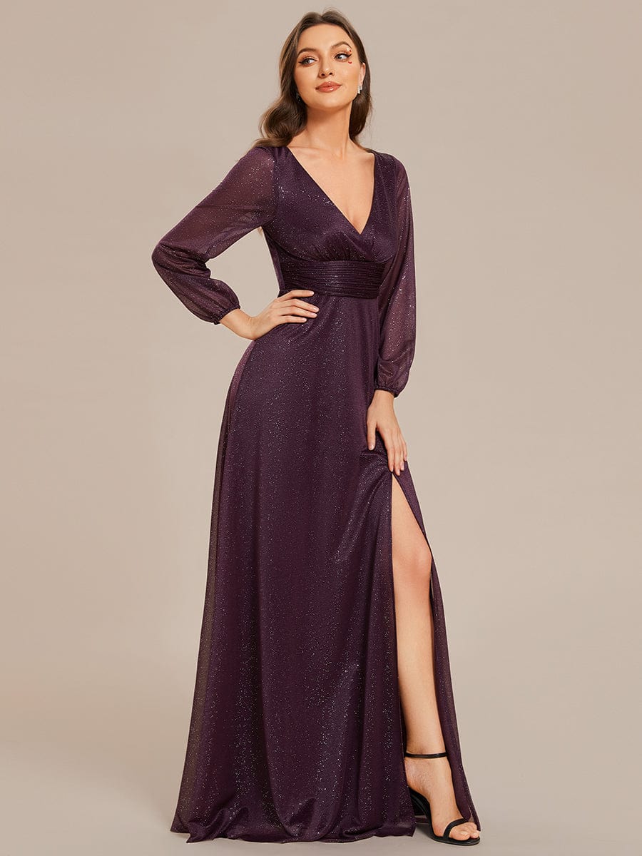 Women's Sexy V-Neck Shiny Evening Dresses with Long Sleeve