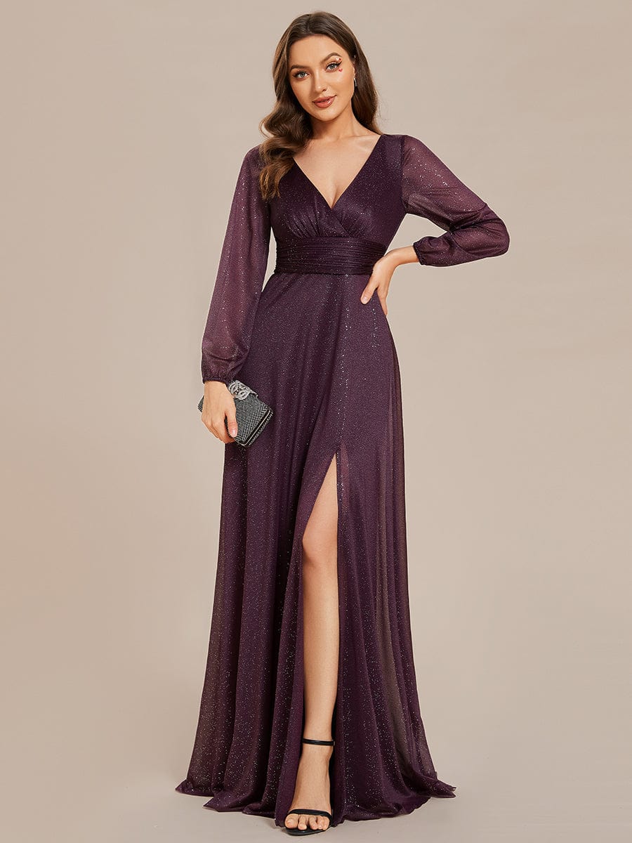 Women's Sexy V-Neck Shiny Evening Dresses with Long Sleeve